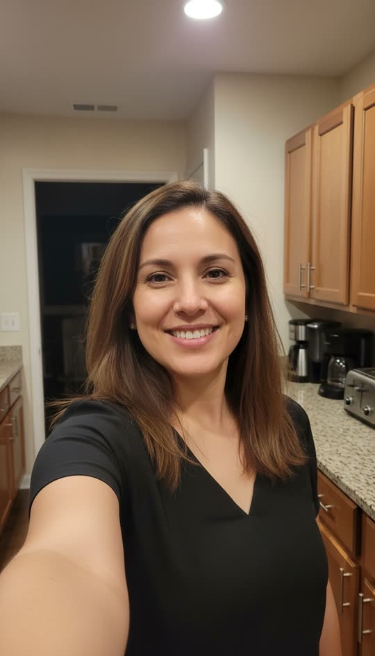 An everyday kitchen selfie: original adult photo without a ghost