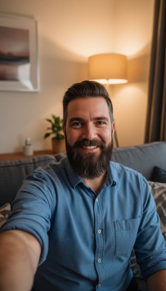 A relaxed living-room portrait: original adult photo without a ghost