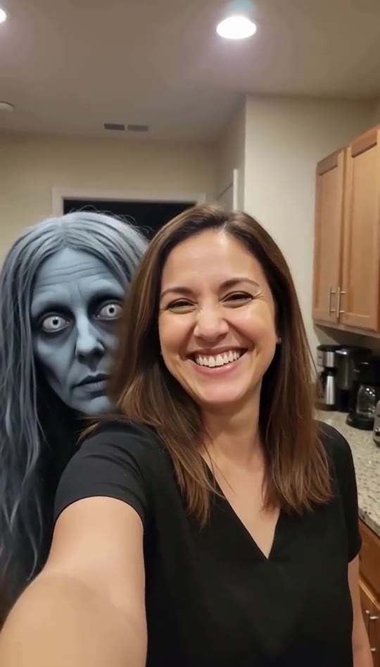 A face appears over the shoulder