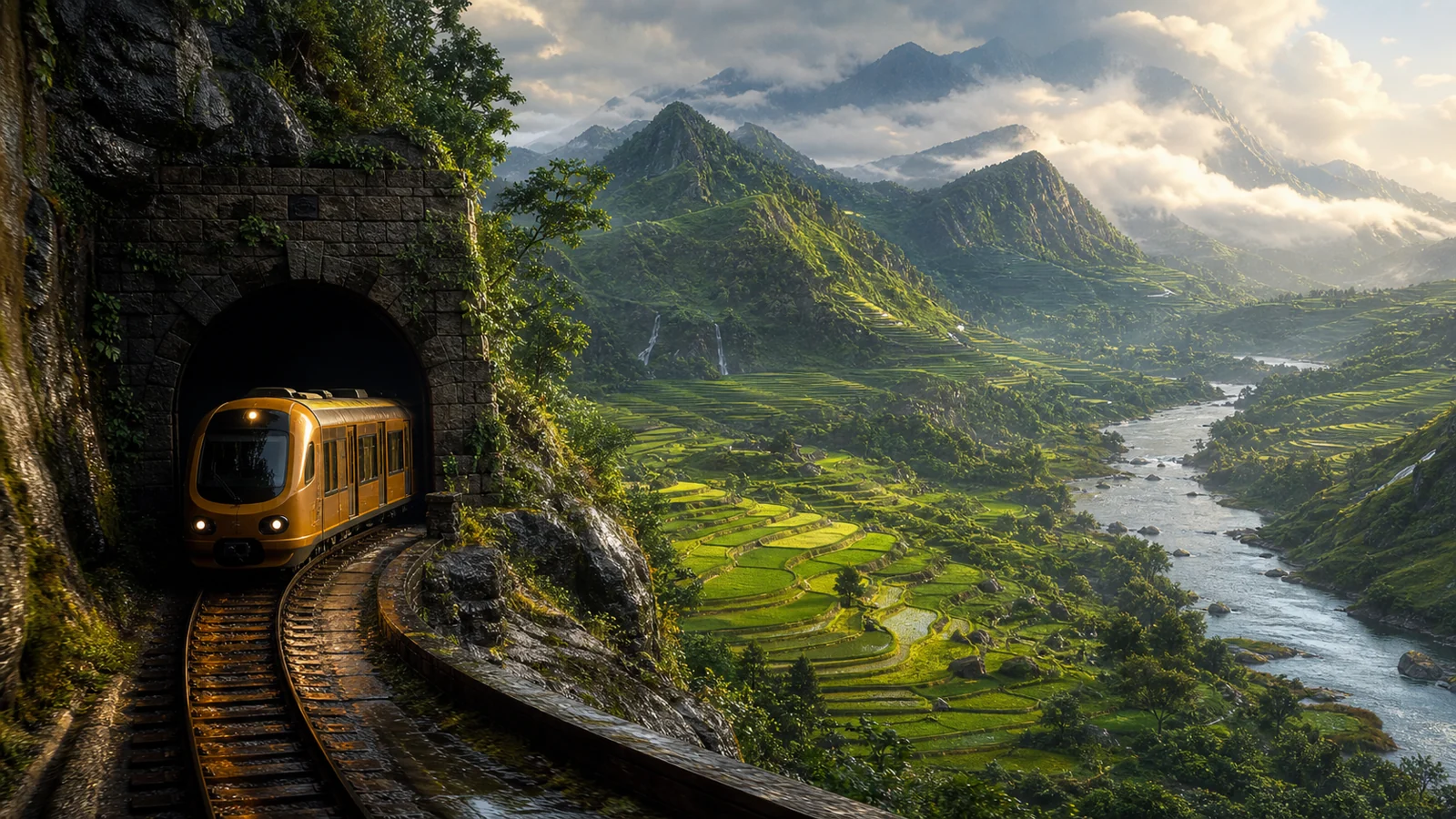 AI video extension continuing a train shot into a new landscape